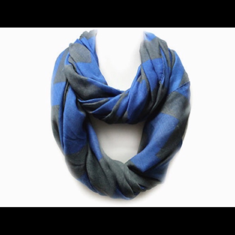 A blue and grey chevron pattern infinity scarf.